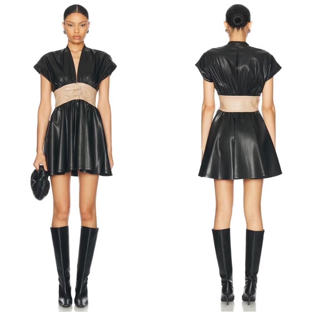 ALEXIS Berlin Pleated Faux Leather Belted Black Mini Dress Size Small